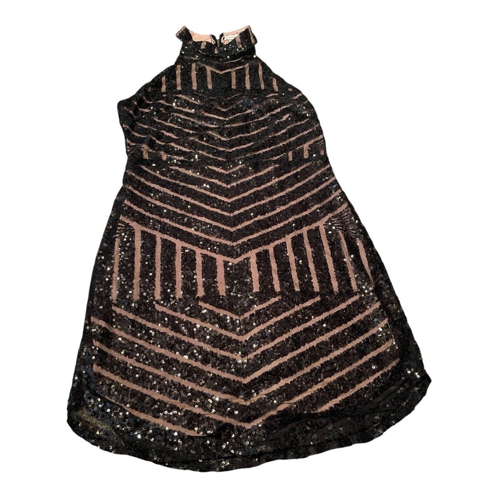Party Dress Black Sequin and Nude Bodycon. Chevron Pattern/Halter Neck